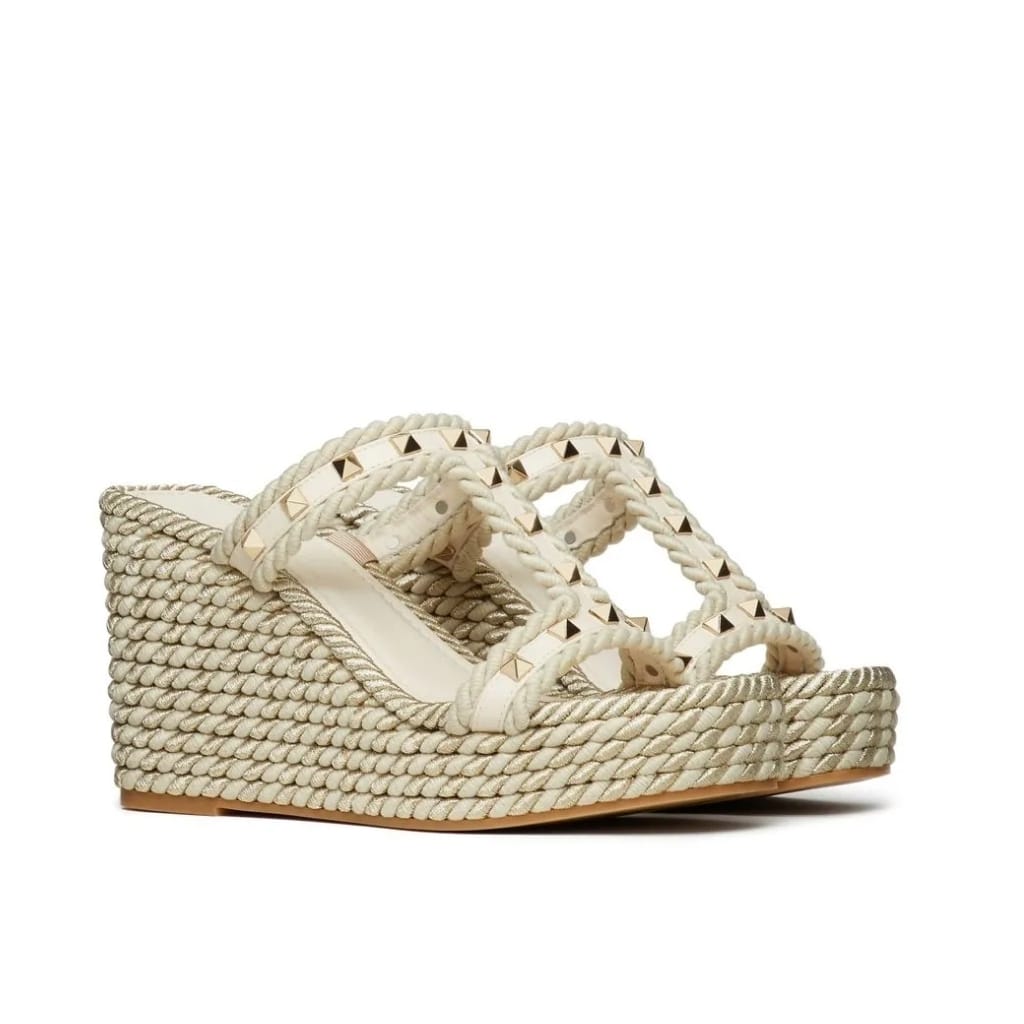 Valentino Rockstud Laminated Nappa Wedge Sandal Natural 4W2S0GI5DYM YBS