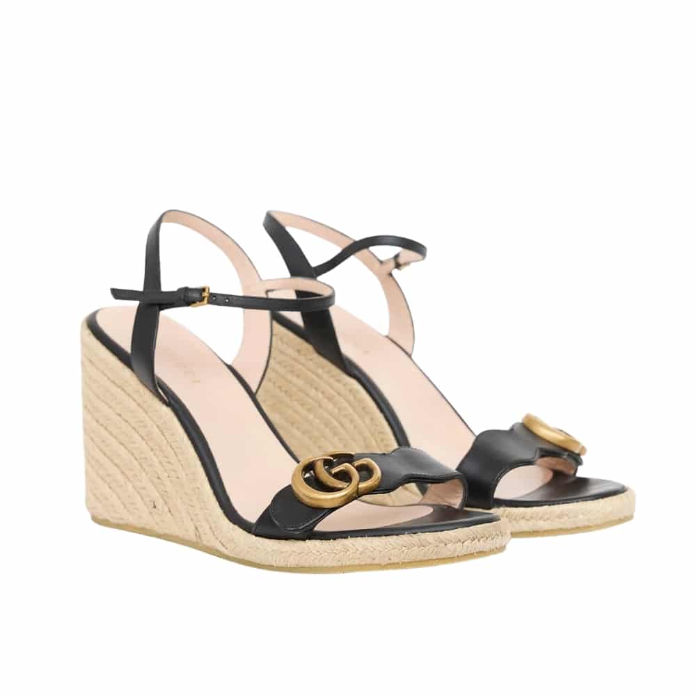 Gucci Leather Wedge Espadrille Sandals Black 8Cm
