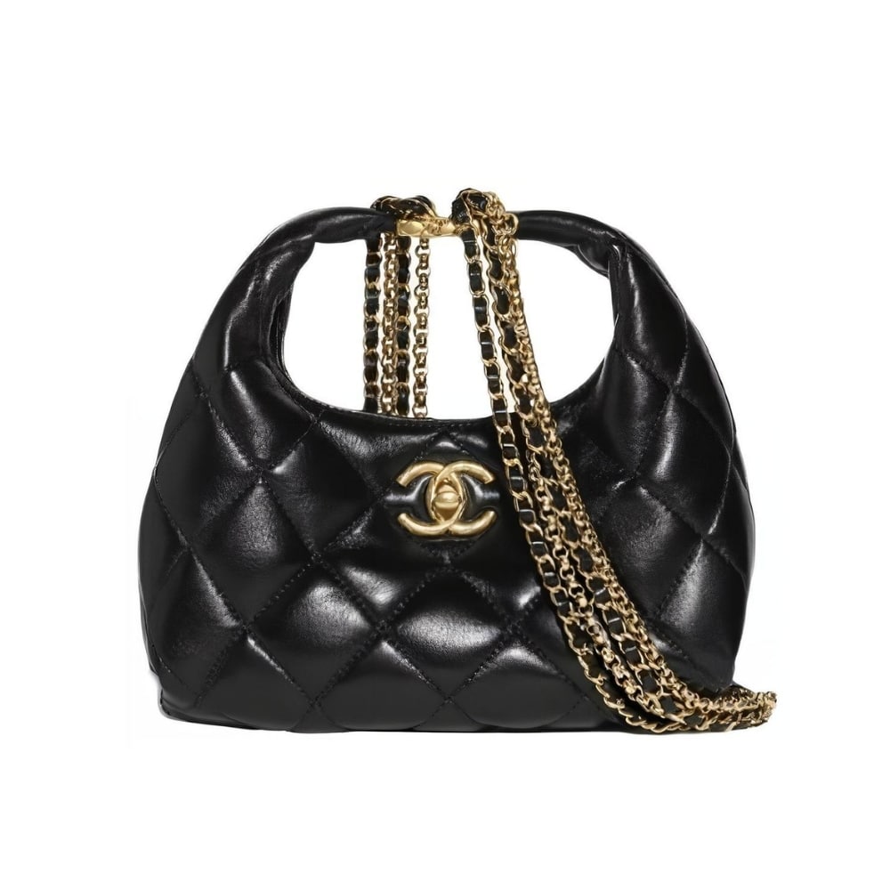Chanel 24A Small Hobo Bag Shiny And Gold Tone Metal In Black 20Cm AS4966 B17320 94305