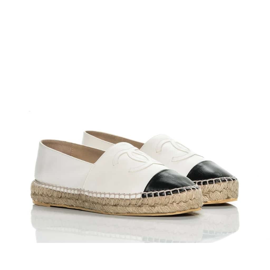 Chanel CC Embroidered Espadrille Leather Black Cap Toe Flats White
