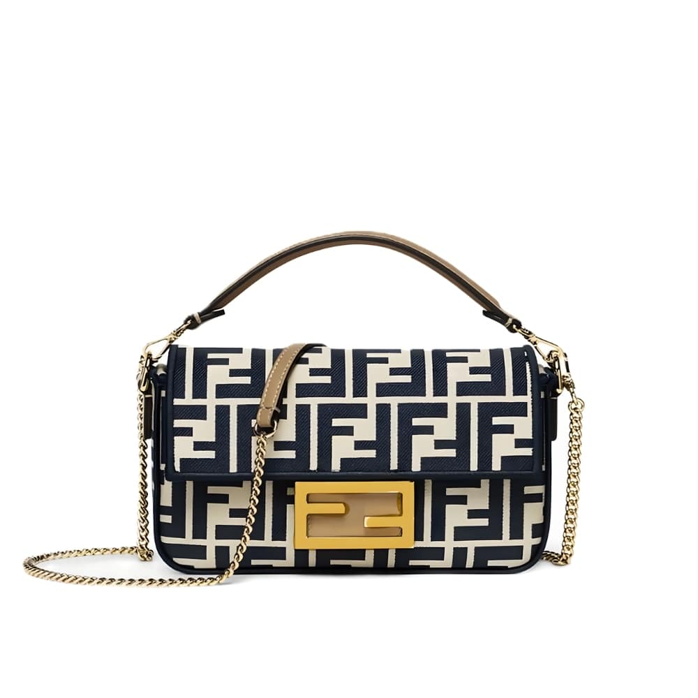 Fendi Baguette Mini FF Jacquard Fabric Bag Navy Blue 21Cm