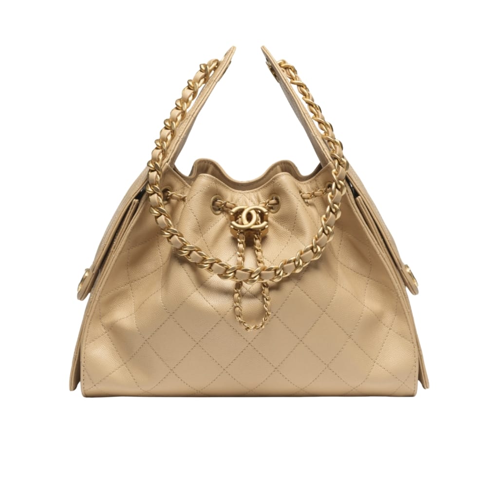Chanel 25 Small Handbag Grained And Gold Tone Metal Beige 26cm